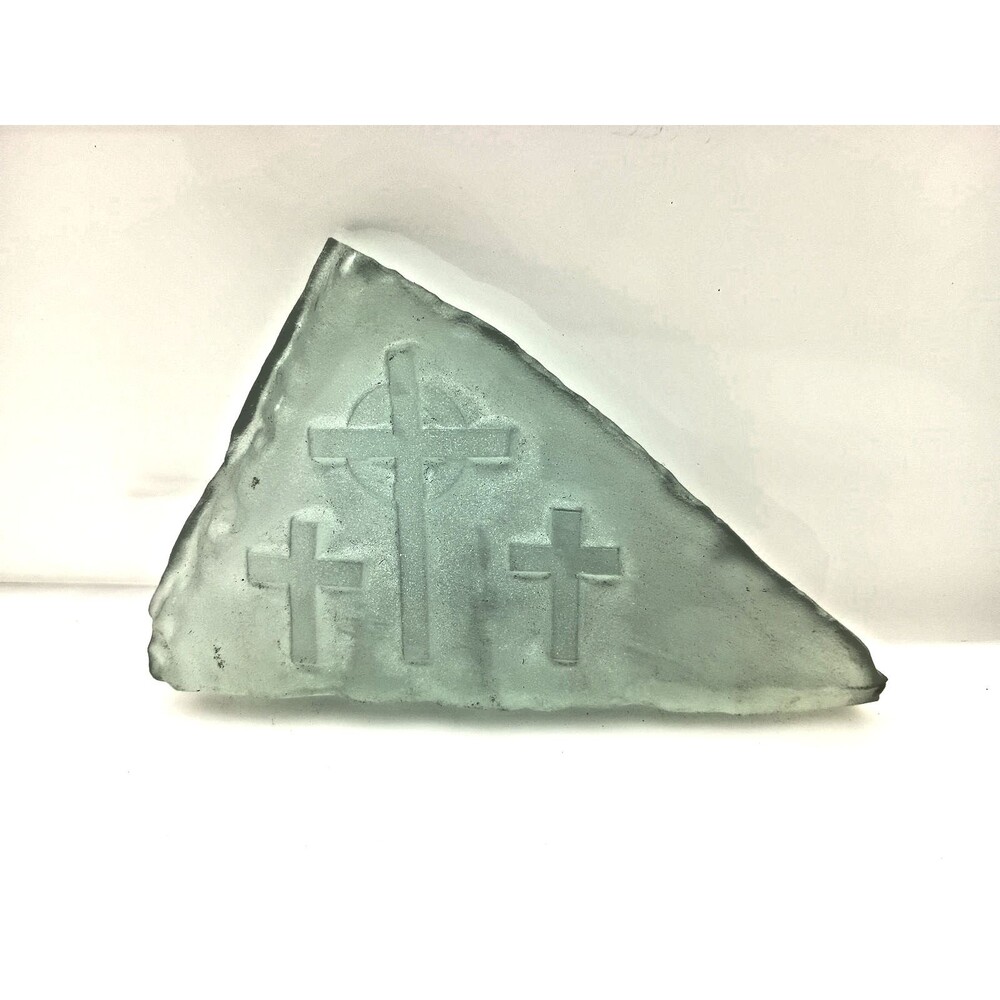 Three (3) Crosses Pressed On Triangular Blue Green Glass For Mantle Desk Wall